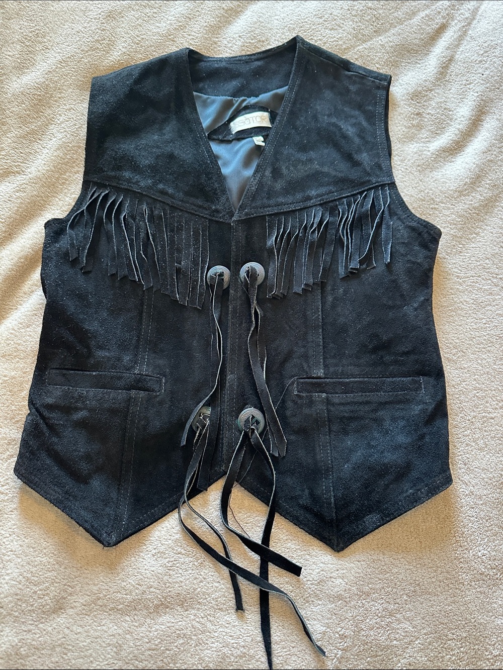 Vintage Black Suede Leather Fringe Tie-Front Vest